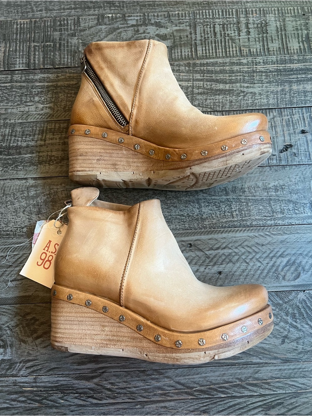 A.S.98 Tan Leather Wedge Ankle Boot with Stud Accents new NWT 38